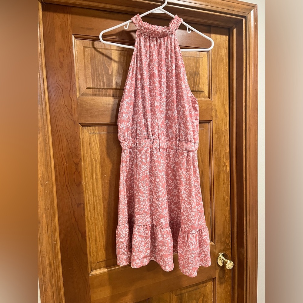 Floral Halter Neck Tiered Mini Dress in Pink - Medium